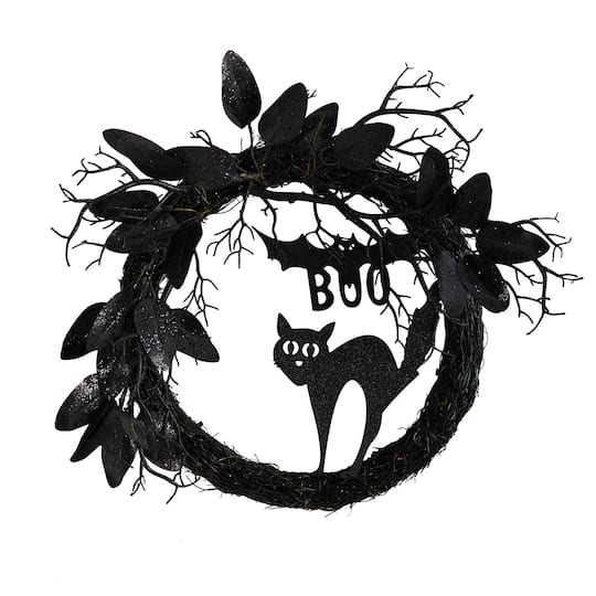 22&#x22; Halloween Black Cat &#x26; Bat Boo Twig Wreath